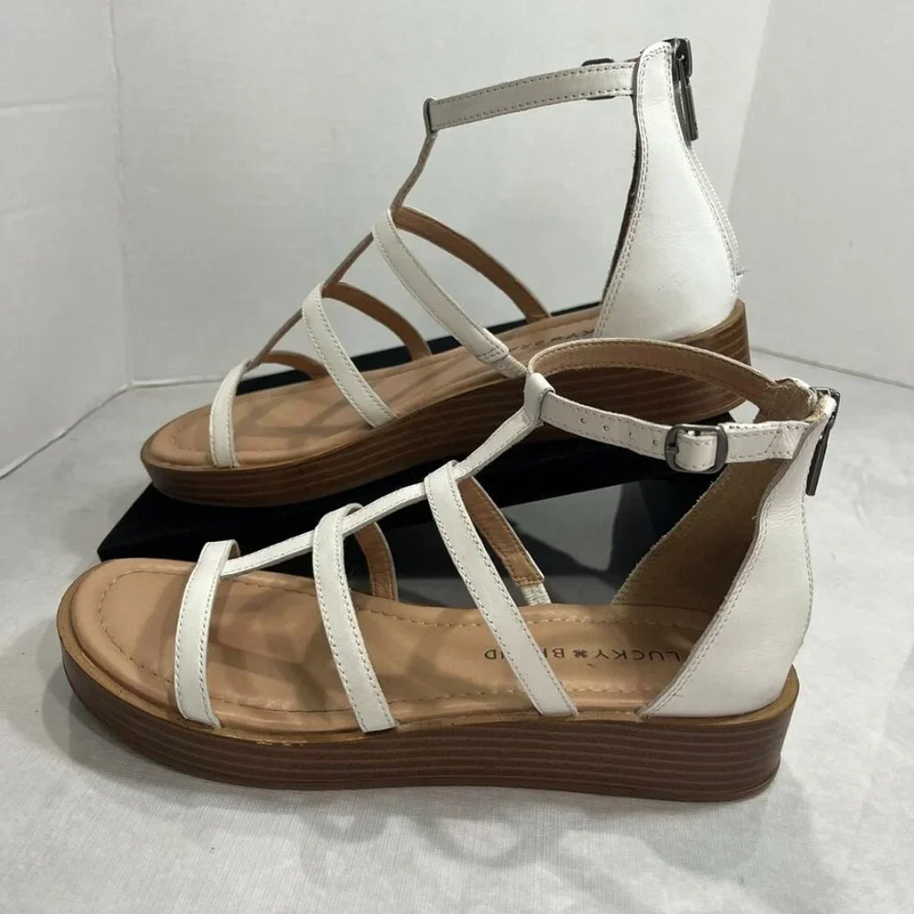 Lucky Brand LK-Elian Leather Strappy Sandals T-Strap White 6.5
